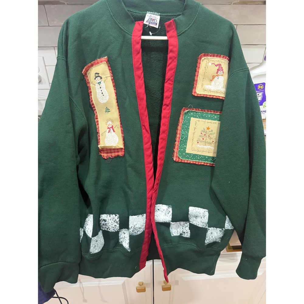 Vintage BVD Green Snowman Christmas Cardigan Sweatshirt Ugly Holiday Sweater L
